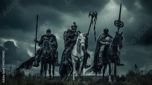  knights on horses with a dark sky background and dark clouds