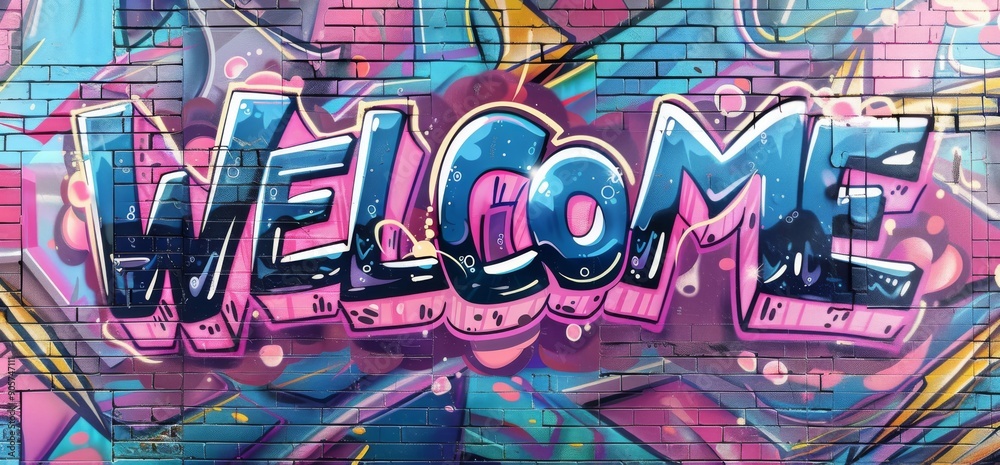 Naklejka premium Graffiti word Welcome as a wall design. Melted paint. Stock image.