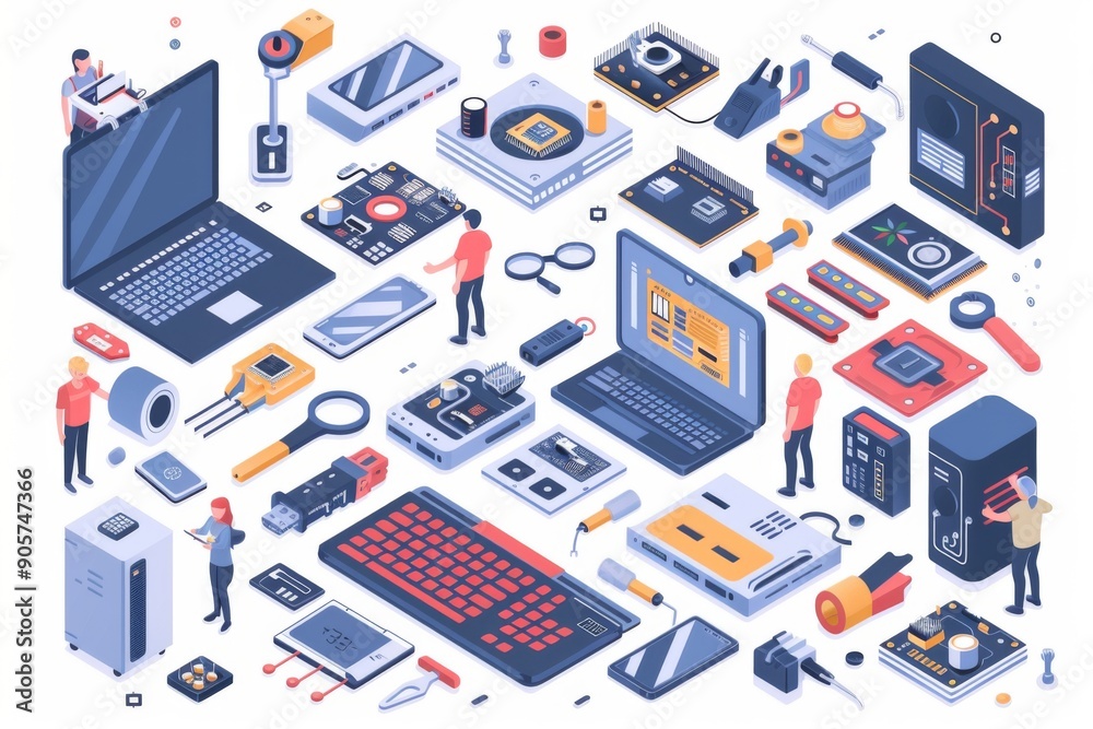Isometric Infographics of Electronic Device Repair Services with Isolated Human Features and Computer Circuitry for Tech Repair Personnel Isometric Infographics of Electronic Device Repair Services with Isolated Human Features and Computer Circuitry for Tech Repair Personnel