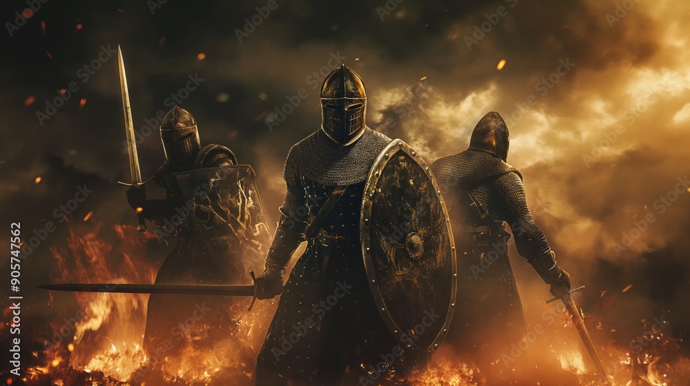 medieval knights in full armor with sword and shield standing on a ...