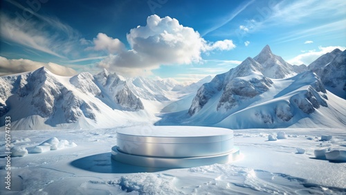 Winter Podium in a Snowy Mountain Landscape, 3D Rendering, Product Display, Stage, Mountain Range , winter , product