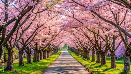 A Pathway of Pink Blossoms A Cherry Tree Tunnel in Spring, cherry blossom , pink trees , springtime , nature