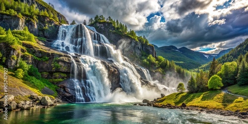 A Majestic Waterfall Cascadng Down a Lush Mountainside in Norway, Landscape Photography, Waterfall, Nature, Norway, Green