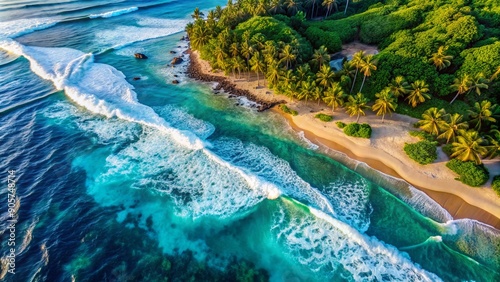 Fototapeta Naklejka Na Ścianę i Meble -  Aerial View of Tropical Beach with Turquoise Water and Palm Trees, aerial , tropical beach , palm trees , turquoise water