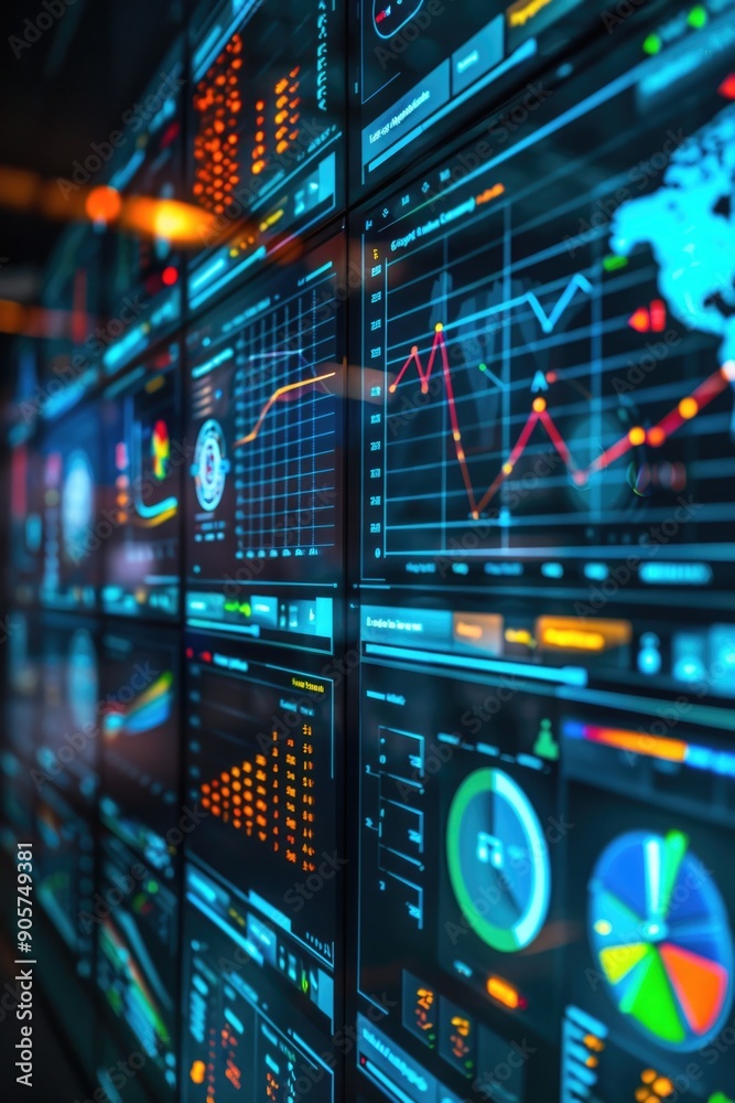 A collection of computer screens displaying various graphs and data visualizations