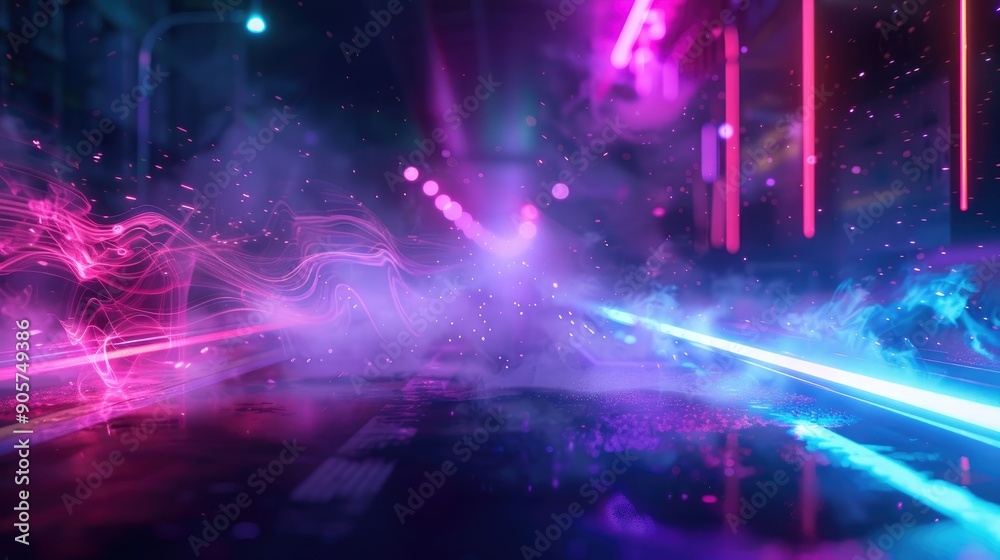 Abstract night scene with neon lights smoke and darkness Abstract night scene with neon lights smoke and darkness