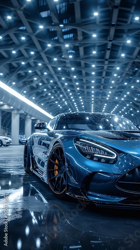 Blue Sports Car Under a Modern Structure