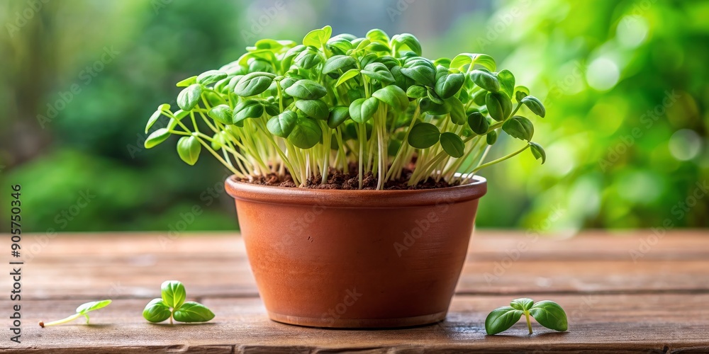 Fresh Basil Sprouts in a Terracotta Pot on a Wooden Table, basil, sprouts, pot, nature Fresh Basil Sprouts in a Terracotta Pot on a Wooden Table, basil, sprouts, pot, nature