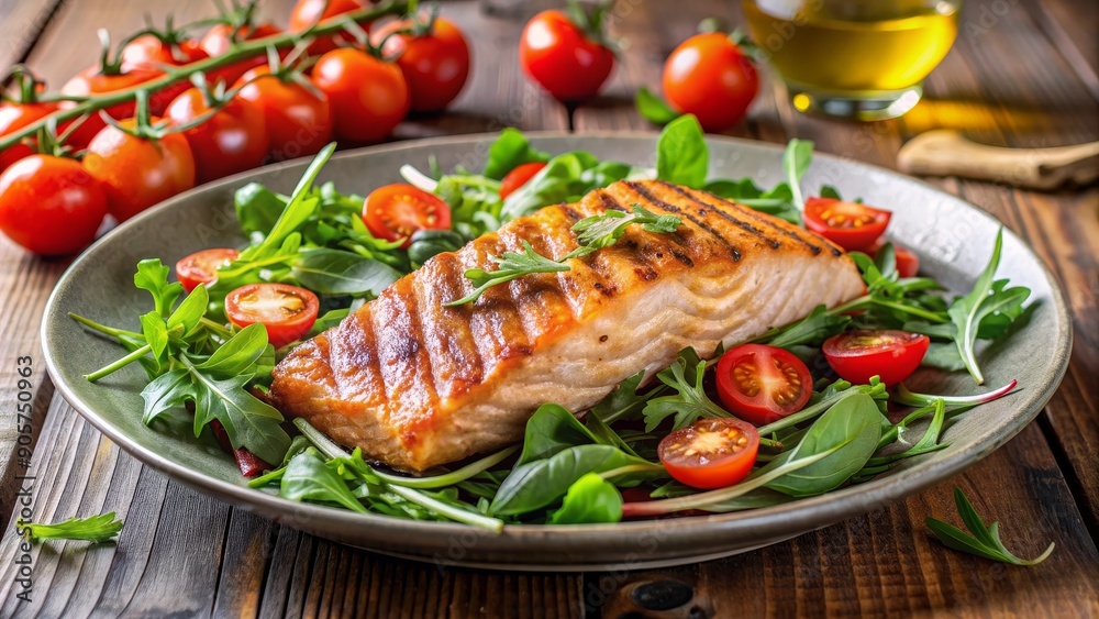 Grilled Salmon with Arugula Salad and Cherry Tomatoes, salmon, salad, arugula, tomatoes Grilled Salmon with Arugula Salad and Cherry Tomatoes, salmon, salad, arugula, tomatoes