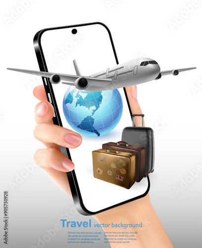 Tourist transport concept. Luggage, globe, airplane and smartphone in hand. Banner design for creating travel advertising. Vector.