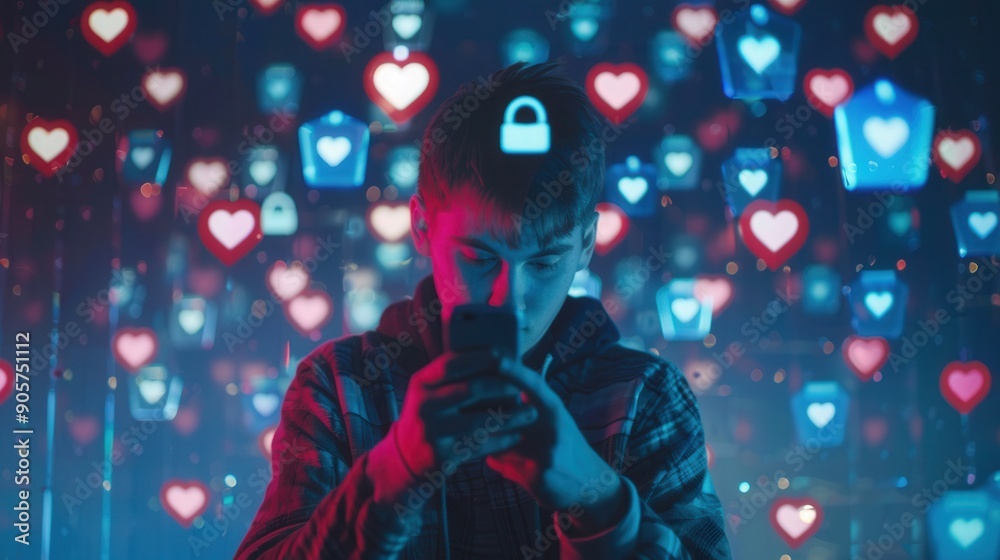 A man interacts with his smartphone, surrounded by glowing icons representing likes and hearts, creating a vibrant atmosphere of online connectivity. Generative AI A man interacts with his smartphone, surrounded by glowing icons representing likes and hearts, creating a vibrant atmosphere of online connectivity. Generative AI