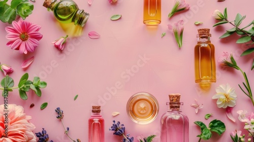 Essential Oils and Flowers on Pink Background