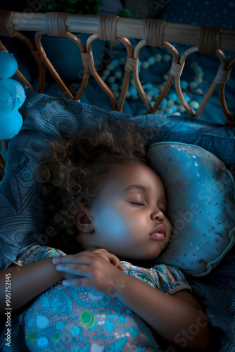 african baby sleeping in bed at night, head on pillow, under blanket, top view. toddler in crib napping, child in cozy dark room, infant sleep bedtime concept