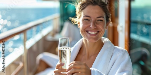 woman on cruise ship deck holding champagne flute in sunset. smiling female in white hotel bath robe sailing on luxury yacht, drinking. sea travel vacation, spa wellness concept