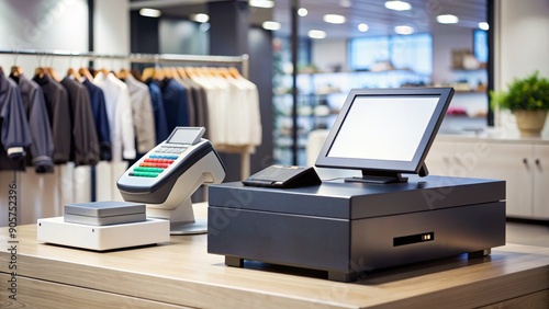 Retail POS System with Monitor, Cash Drawer and Card Reader on Wooden Countertop, retail , store , payment , checkout