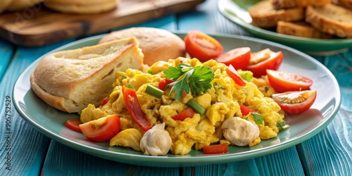 Scrambled Eggs with Bread and Tomatoes on a Teal Plate, breakfast , brunch , food , eggs