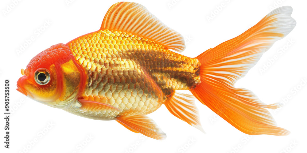Close-up of a vibrant orange and white goldfish with detailed scales and flowing fins, set against a plain white background. The image captures the beauty and intricate details of the fish, making Close-up of a vibrant orange and white goldfish with detailed scales and flowing fins, set against a plain white background. The image captures the beauty and intricate details of the fish, making