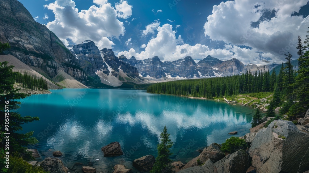 Naklejka premium Rocky Mountain Lake with Clear Sky Reflections, Canada , Banff National Park , Lake Louise , Mountain Lake