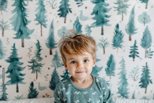 An adult standing near a wallpaper with a tree in pajamas is serious about the situation.