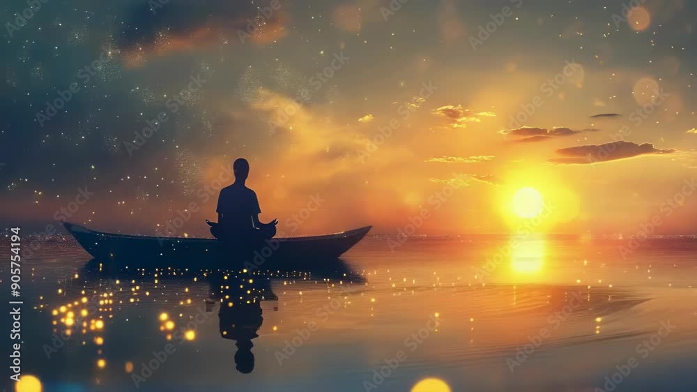 A person sits meditating in a small boat on a calm lake at sunset. The serene atmosphere is enhanced by sparkling particles in the air, creating a magical feeling. The sky is a mix of orange and A person sits meditating in a small boat on a calm lake at sunset. The serene atmosphere is enhanced by sparkling particles in the air, creating a magical feeling. The sky is a mix of orange and
