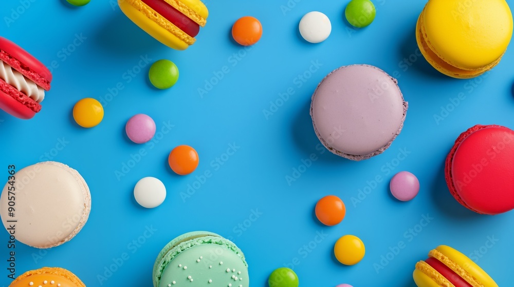 A blue background with a variety of colorful macarons and candies. The macarons are arranged in a circle, with some of them being red, yellow, and purple A blue background with a variety of colorful macarons and candies. The macarons are arranged in a circle, with some of them being red, yellow, and purple