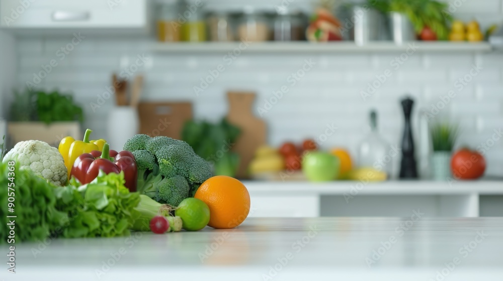 Fresh and Colorful Vegetables and Fruits Displayed on a Clean White Kitchen Counter, Healthy Eating and Nutrition Concept with No People Fresh and Colorful Vegetables and Fruits Displayed on a Clean White Kitchen Counter, Healthy Eating and Nutrition Concept with No People