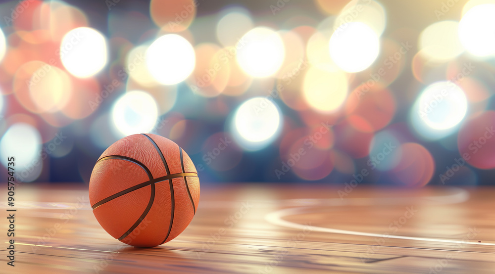 A basketball resting on court floor illuminated by stadium lights in an empty arena A basketball resting on court floor illuminated by stadium lights in an empty arena