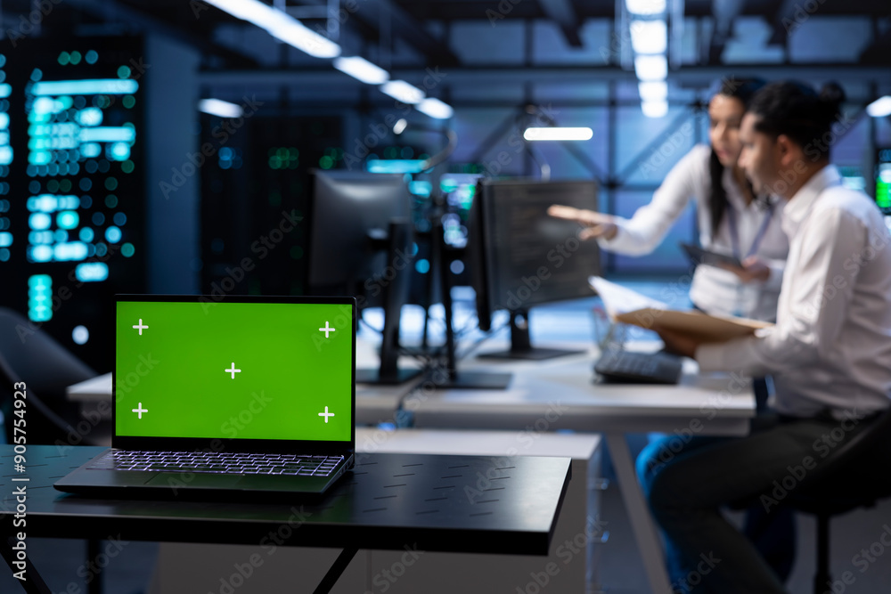 Close up of green screen laptop in data center with workers checking emergency procedures documents. Focus on chroma key notebook in front of server hub employees in blurry background Close up of green screen laptop in data center with workers checking emergency procedures documents. Focus on chroma key notebook in front of server hub employees in blurry background