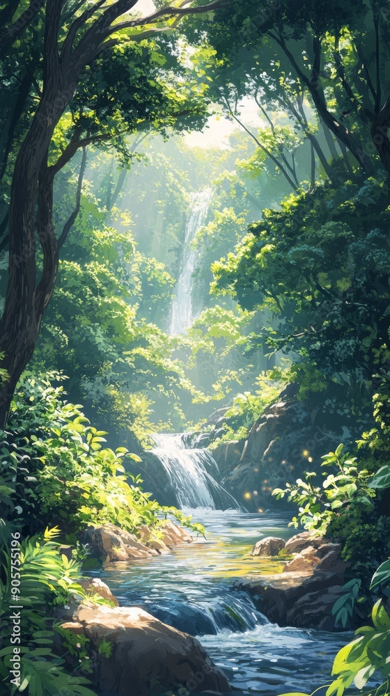 Fototapeta premium Lofi illustration of a serene forest scene with tall trees a flowing river and animals peeking out from behind bushes with sunlight streaming through the canopy