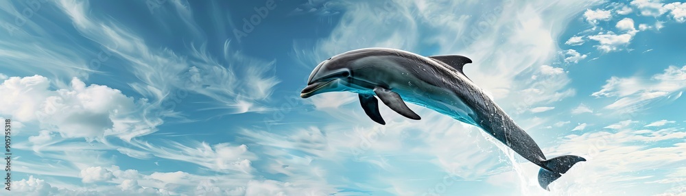 Fototapeta premium Dolphin Leaping Through Clouds, Digital Art, Ocean Animal, Blue Sky, Marine Life, dolphin, ocean