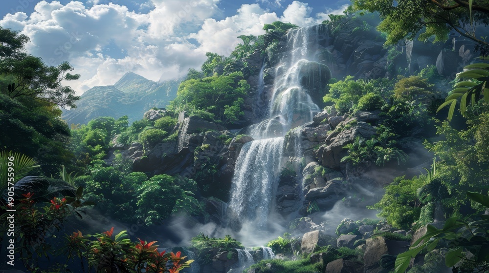 Jungle Waterfall, Digital Painting, Lush Greens, Water Feature, Mist , waterfall, nature Jungle Waterfall, Digital Painting, Lush Greens, Water Feature, Mist , waterfall, nature
