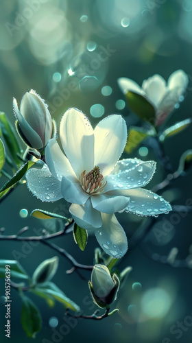 Close-Up of Dew-Kissed Magnolia Flowers in Soft Focus Spring Background.