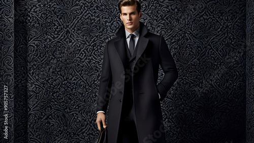 A luxurious, wool-blend overcoat with a subtle texture, warn by a man. 