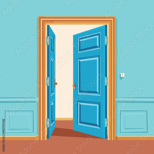 Bright blue double doors open inward warm beige room. Elegant teal walls rich brown floor classic interior style. Decorative wooden frame adds charm. Double doors ajar revealing cozy interior. Blue
