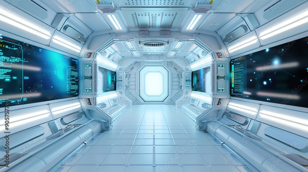 Obraz premium Futuristic Space Station Interior with Advanced Technology Screens for Future Space Exploration Concepts