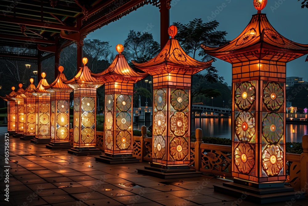 Fototapeta premium Illuminated Decorative Lanterns Lining Pathway Near Water at Dusk in Tranquil Park Setting