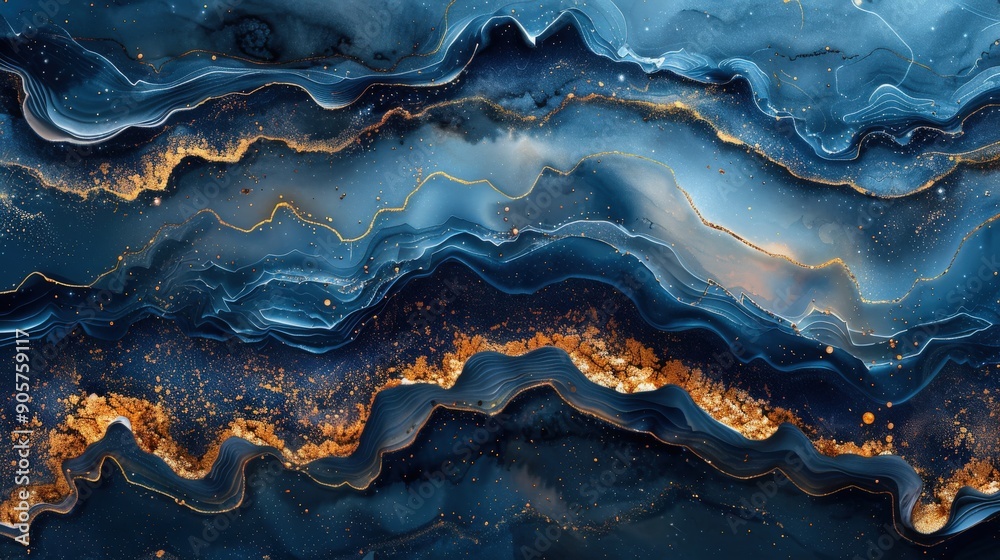 Fototapeta premium An elegant abstract texture featuring a blue background with gold and fluid paint effects, designed to reflect the luxury of mineral surfaces and creative rainbow patterns in a seamless wallpaper