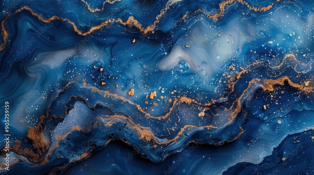 Fototapeta premium A sophisticated abstract background with a rich blue texture, featuring gold and liquid paint patterns that create a seamless, high-end wallpaper with the look of natural minerals and rainbow stone