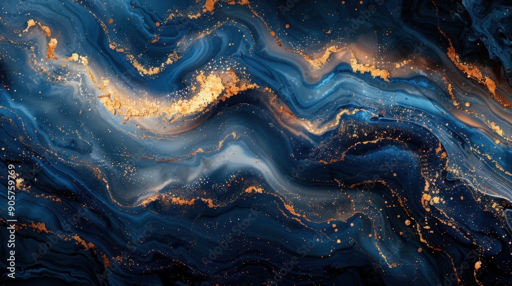 Fototapeta premium An artistic abstract background featuring deep blue and gold textures, with liquid paint and rainbow stone effects that create a seamless, luxurious wallpaper with a natural mineral feel