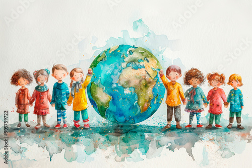 Watercolor illustration of children holding hands around Earth, symbolizing global unity and environmental awareness. Ideal for businesses in education, environmental campaigns, Earth Day promotios photo