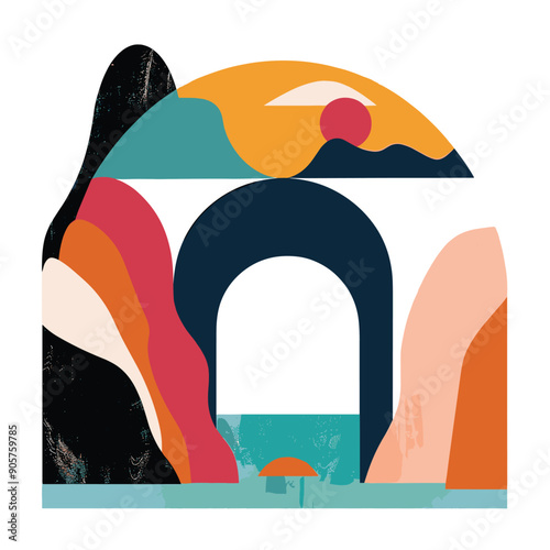 Abstract landscape archway colorful shapes isolated white background. Modern artistic geometric vector illustration decorative design. Graphic arch illustration natureinspired orange teal red blue