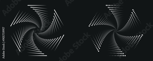 Modern abstract background. Halftone dots in circle form. Spiral logo, icon or design element. Black dots on a white background and white dots on the black side.