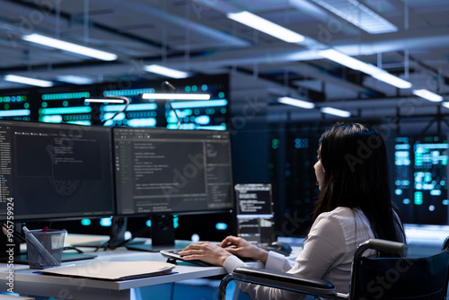 Person with paraplegia working in inclusive server farm facility, doing maintenance job. Engineer in wheelchair doing tasks in high tech data center housing advanced gear
