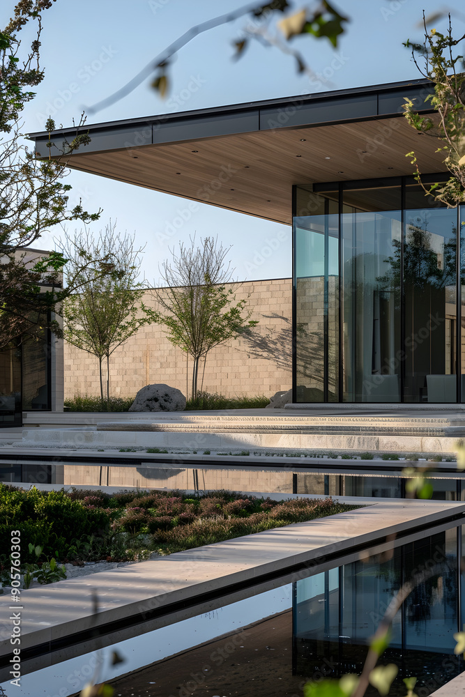 Fototapeta premium Modern Architectural Masterpiece with Expansive Glass Windows and Natural Material Facade