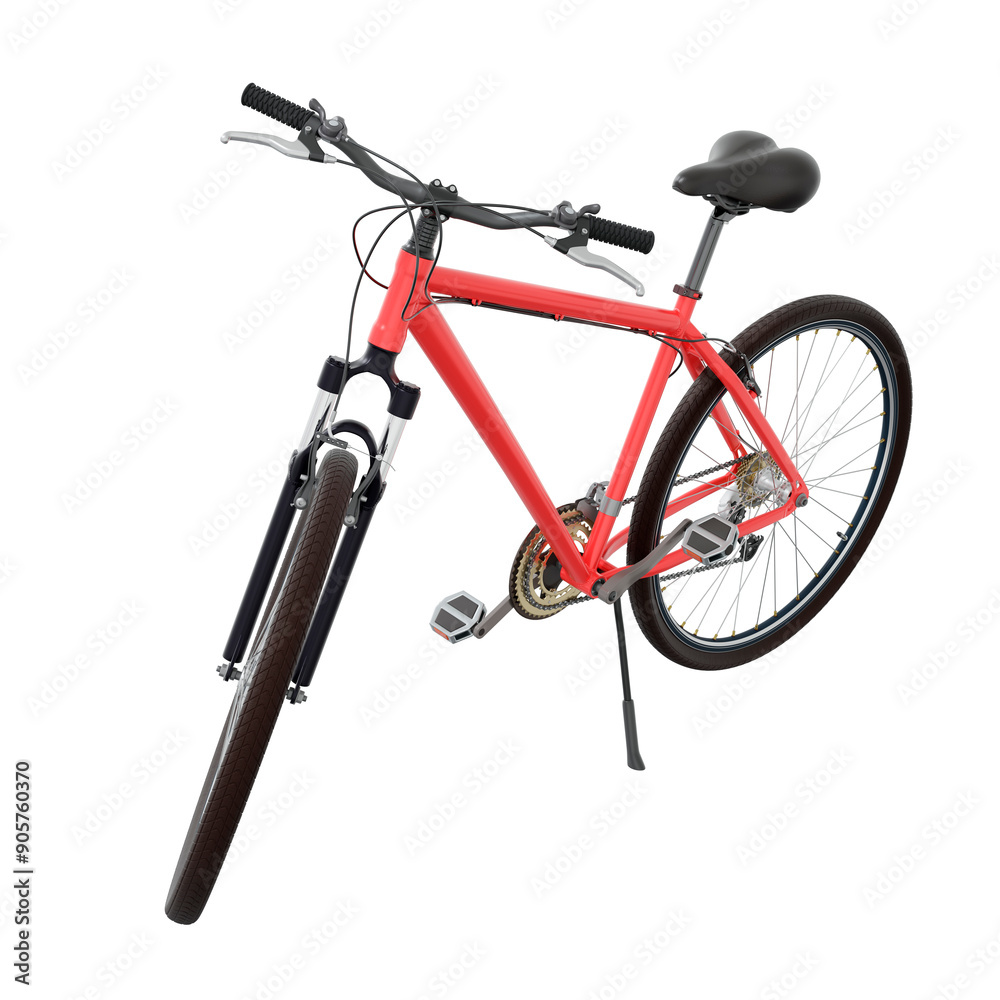 Red bicycle standing while leaning on kickstand, side front view. Bike resting on kick stand. Png clipart isolated on transparent background Red bicycle standing while leaning on kickstand, side front view. Bike resting on kick stand. Png clipart isolated on transparent background
