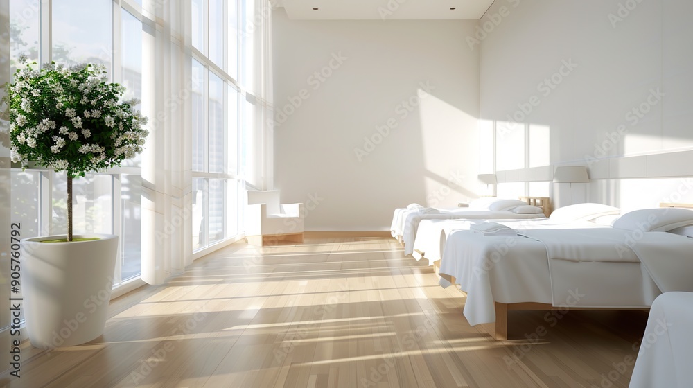 Fototapeta premium Modern 3D Hospital Ward with Neatly Arranged Beds and Serene Atmosphere