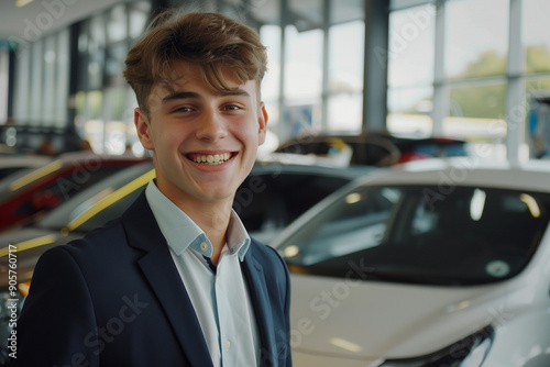 Successful Car Salesman Proudly Posing in Auto Gallery Surrounded by Luxury Vehicles