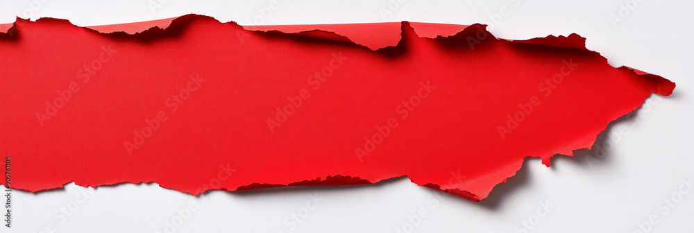 Red banner with a torn edge isolated on a white background, paper cutout, paper texture, large area of blank space in the middle of ripped paper. Red banner with a torn edge isolated on a white background, paper cutout, paper texture, large area of blank space in the middle of ripped paper.