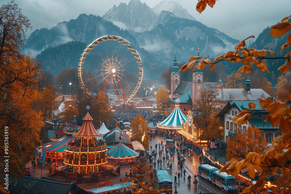 Obraz premium Colorful Autumn Festival With Ferris Wheel and Carnival Rides Amidst Mountain Landscape
