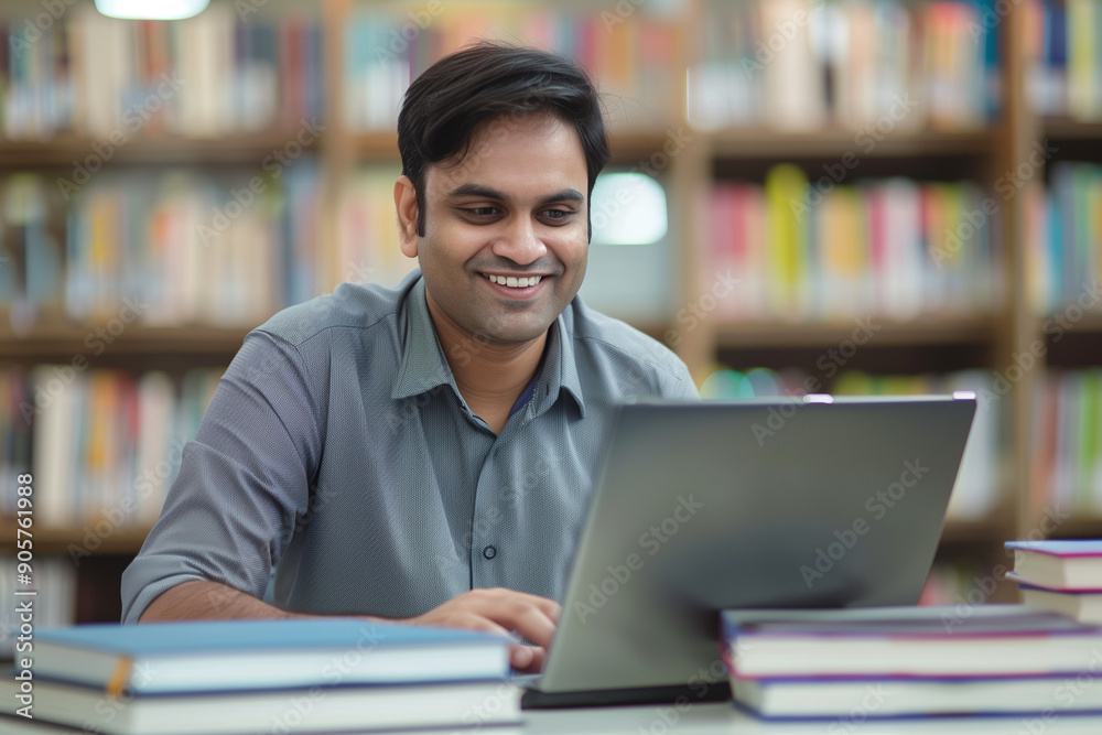 Smiling Indian man working on a laptop posing confidently in a modern workspace Smiling Indian man working on a laptop posing confidently in a modern workspace